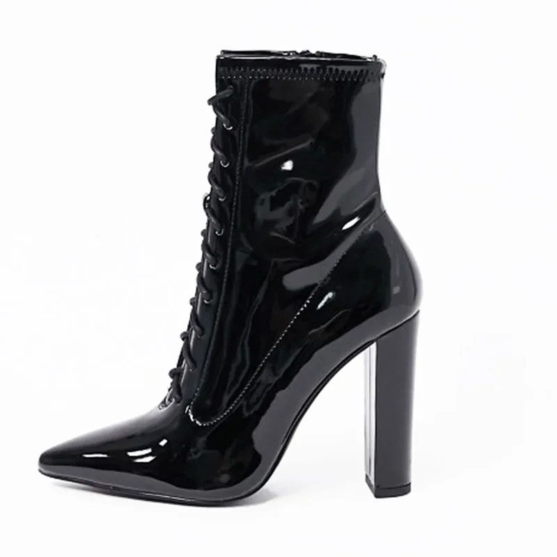 

Patent Leather Mid Calf Square Heels Boots Zipper Zapatillas De Mujer Party Ladies Bota Feminina Strappy Pointed Toe Women Shoes