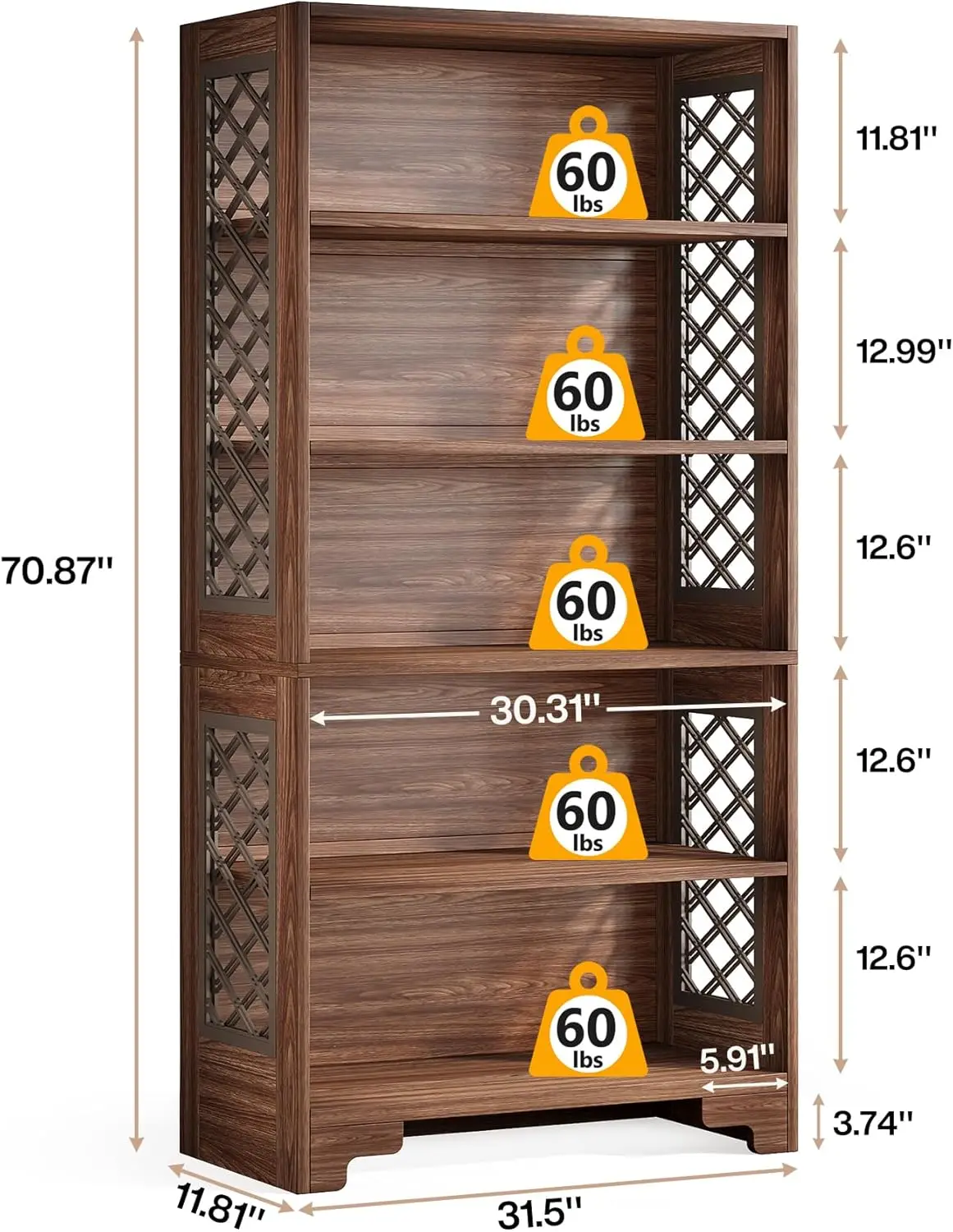 6-Tier Bookcase, 70.8" Vintage Tall Bookcase, Floor Standing 5-Shelf Display Rack Storage Shelves Mid-Century Bookcase for Home