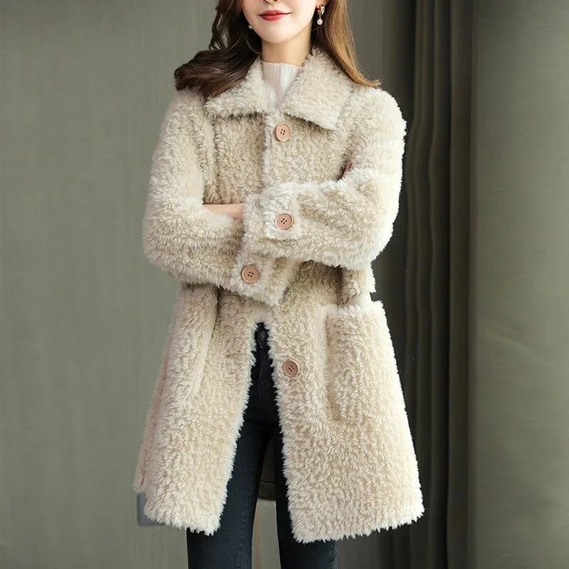 

Nice Women Winter New Grain Wool Sheep Shearing Coat Women's Mid-length Korean Wool Fur Coat Femme Female Jacket warm Overcoat