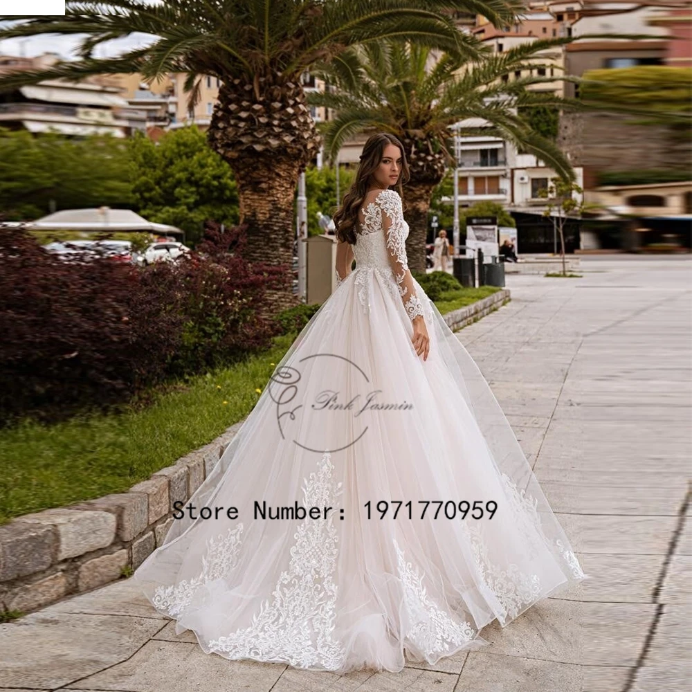 Romatic Full Sleeves Wedding Dress Scoop Neck Applique Long Sleeve Bridal Gowns A-Line Tulle Boda Custom Made Vestido De Novia