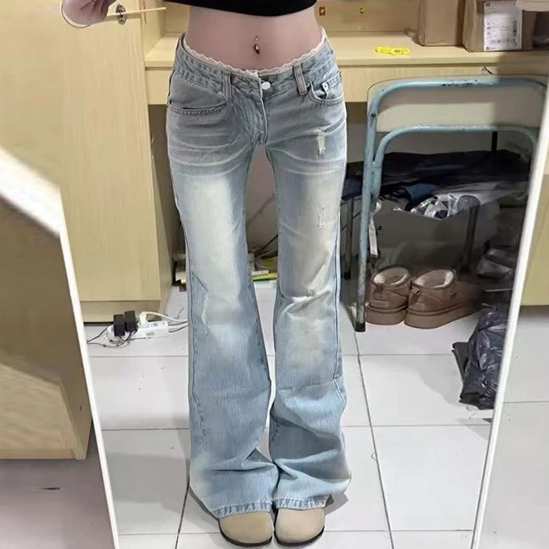 Light Wash Flared Jeans for Women Plus Size Lace Low Rise Floor Length Slim Fit Bell Bottom Pants Trendy Design for Curvy Ladies