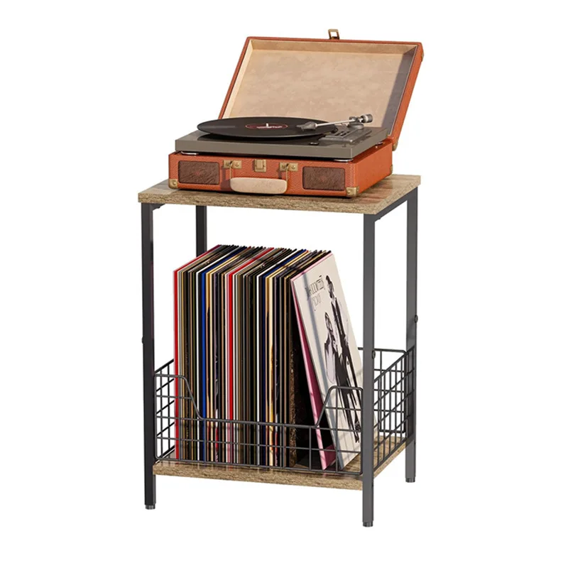 Iron & Wood Record Player Stand Retro Industrial Furniture Living Room Multi-Functional Bedside Table & Coffee Table Organizer