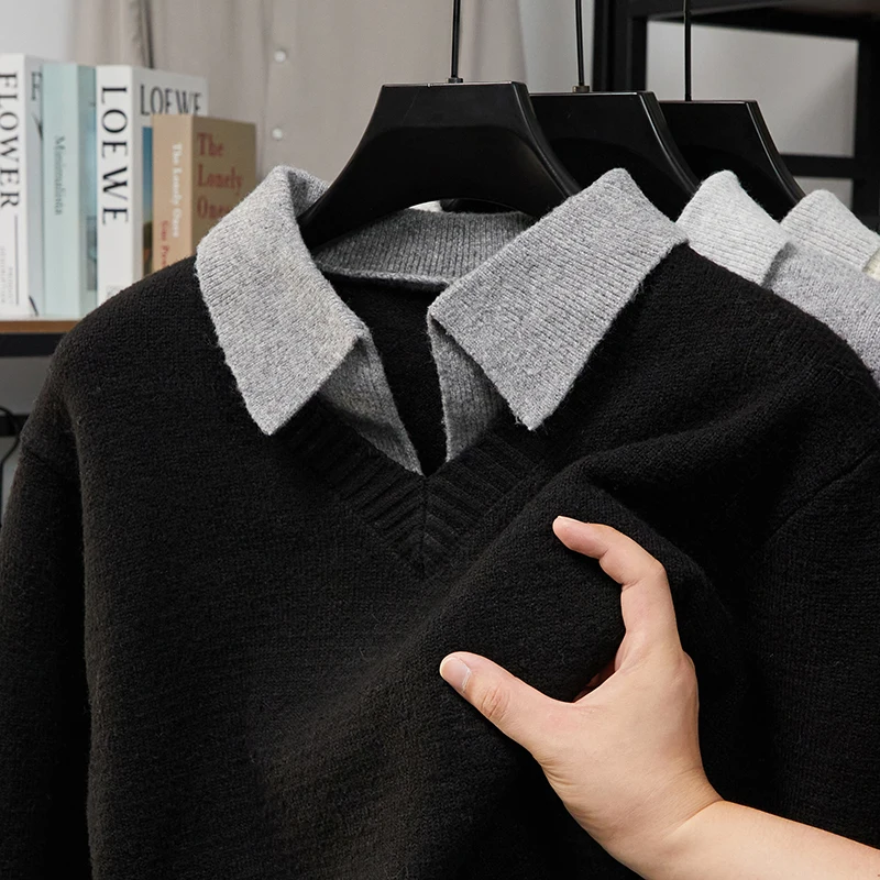 

Autumn Men's New Splic Lapel Knitted Shirt Designer High Quality Soft Skin Friendly Long Sleeve Top Fashion Simple Men's Wear