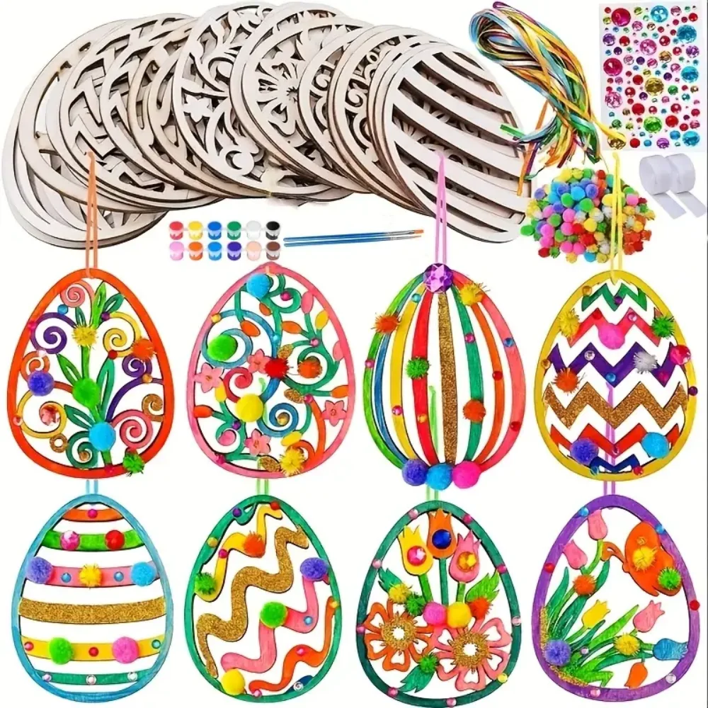 

24pcs Wooden Easter Ornaments Decorations DIY Craft Kits Paintable Unfinished Easter Egg Ornaments For Kids Easter Spring