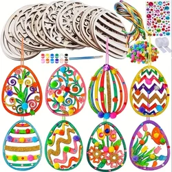 24pcs Wooden Easter Ornaments Decorations DIY Craft Kits Paintable Unfinished Easter Egg Ornaments For Kids Easter Spring