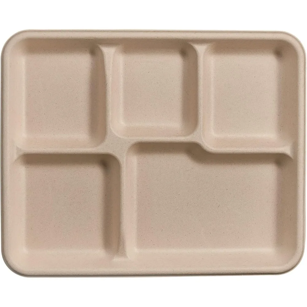 Compostable 5 Compartment Kraft Paper Plates 10 Inch, 500 Pack Sugarcane Trays, Eco Friendly