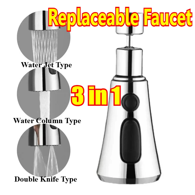 

Universal 360° Rotation Kitchen Faucet Extender 3 In1 ABS Durable Water Saving Shower Spray Head Bathroom Basin Tap Replacement