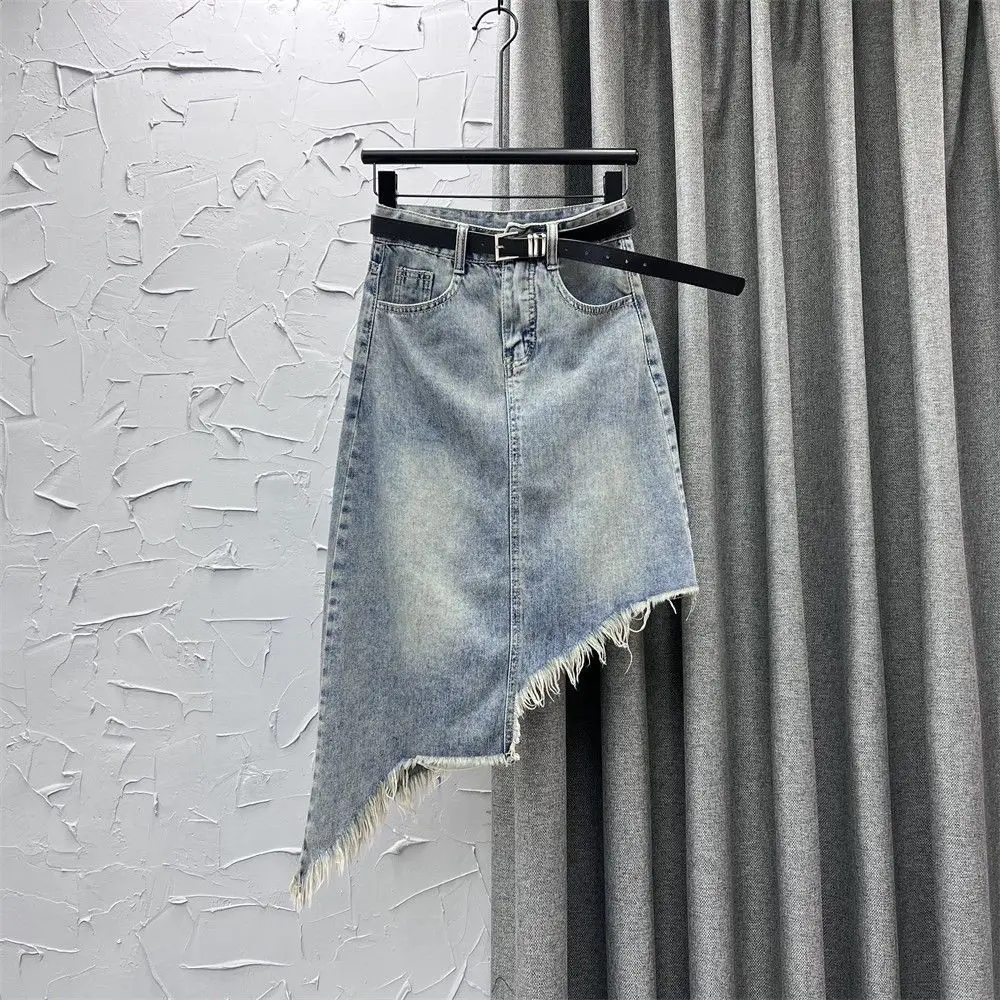 

Irregular Tassel Design Denim Skirt Women High Waist Thin Burr A Word Hip Skirt