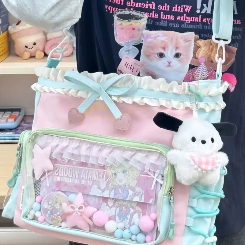 Sweet Cute Bow Handbag Women Color Block Ruffle Edge Large Capacity Shoulder Bag Ladies Japanese Kawaii Anime Badge Ita Bag Chic