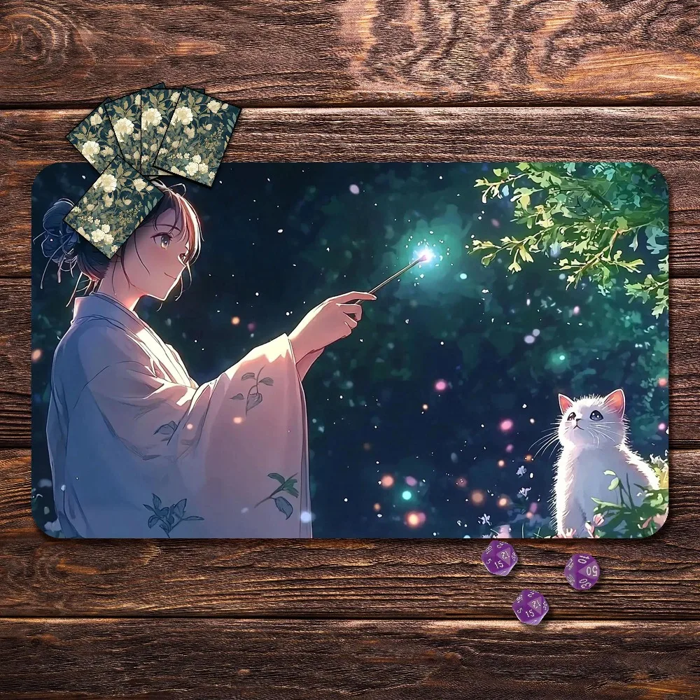 Fantasy Anime Girl Large Gaming Desk Mat Kimono With Magic Wand White Cat Glowing Night Forest Premium Rubber TCG Playmat