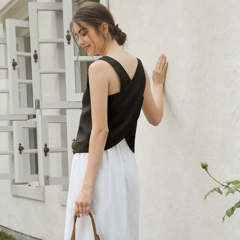 100% Linen Top Women Casual Solid Back Cross Patchwork Tank Top Summer Tops Haut Femme Women'S Clothing Offer Free Shipping