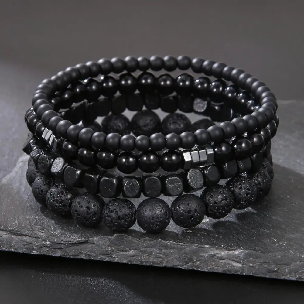 4 Pcs Men Bracelets Natural Stone Black Elastic Rope Stackable Adjustable Multi-layered Adult Wrist Jewelry Men Wrist Accrssory