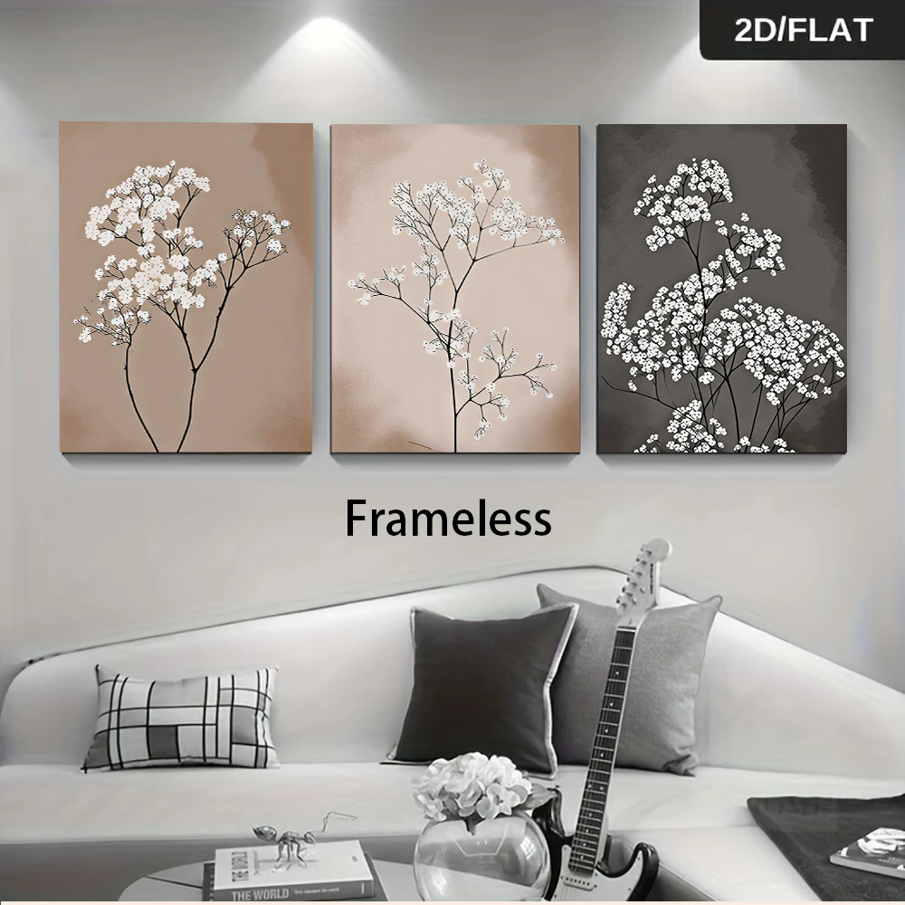 3PCS Large-sized frameless canvas paintings,1 set of frameless decorative paintings featuring baby's breath, a three-panel moder