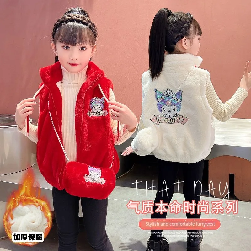 

Sanrios Children Kuromi Autumn Winter Extra Thick Vest Anime Figure Protection From Cold Woolen Sweater Kids Girl Cartoon Kawaii