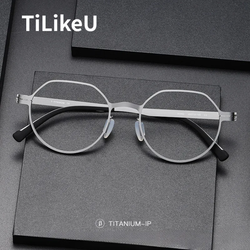 

German Brand Designer Ultra-light Pure Titanium Glasses Frames Men and Women Round Screwless Retro Polygonal Eyeglasses Gafas