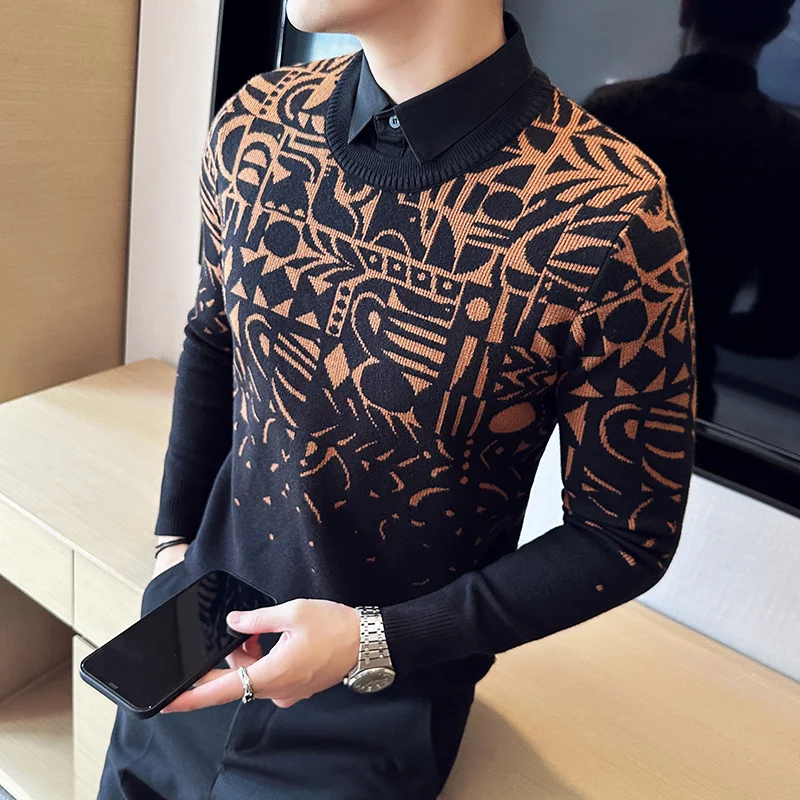 

2023 Autumn Thickened Fake Two-piece Sweater Men Fashion Striped Shirt Collar Jacquard Knit Sweater Casual Business Men Clothing