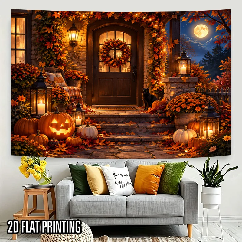 Halloween Porch Tapestry, Pumpkin Lantern Black Cat Autumn Leaves Full Moon Cottage Door Wall Hanging for Bedroom Dorm Living