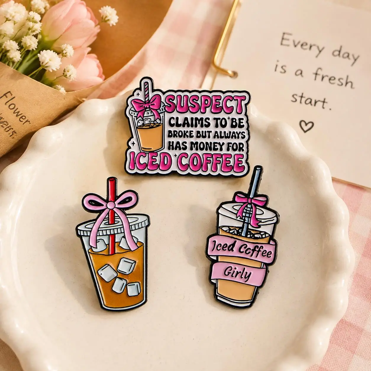 3pcs Cute Iced Coffee Enamel Pins Set Pink Bow Coffee Cup Brooch Kawaii Drink Badge Fashion Backpack Clothing Accessories Gift