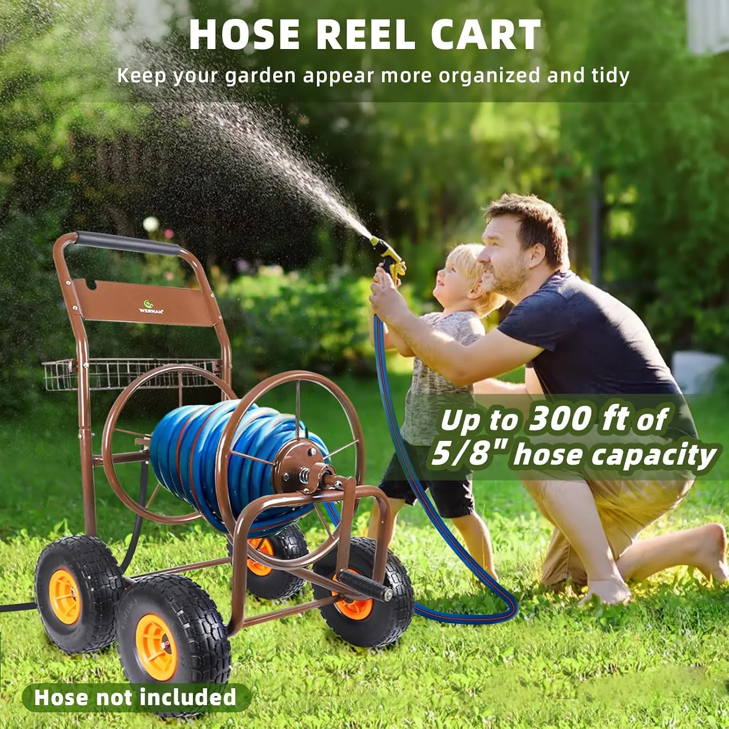 Four Wheel Garden Hose Reel Cart Upgrade Holds 300ft 5/8