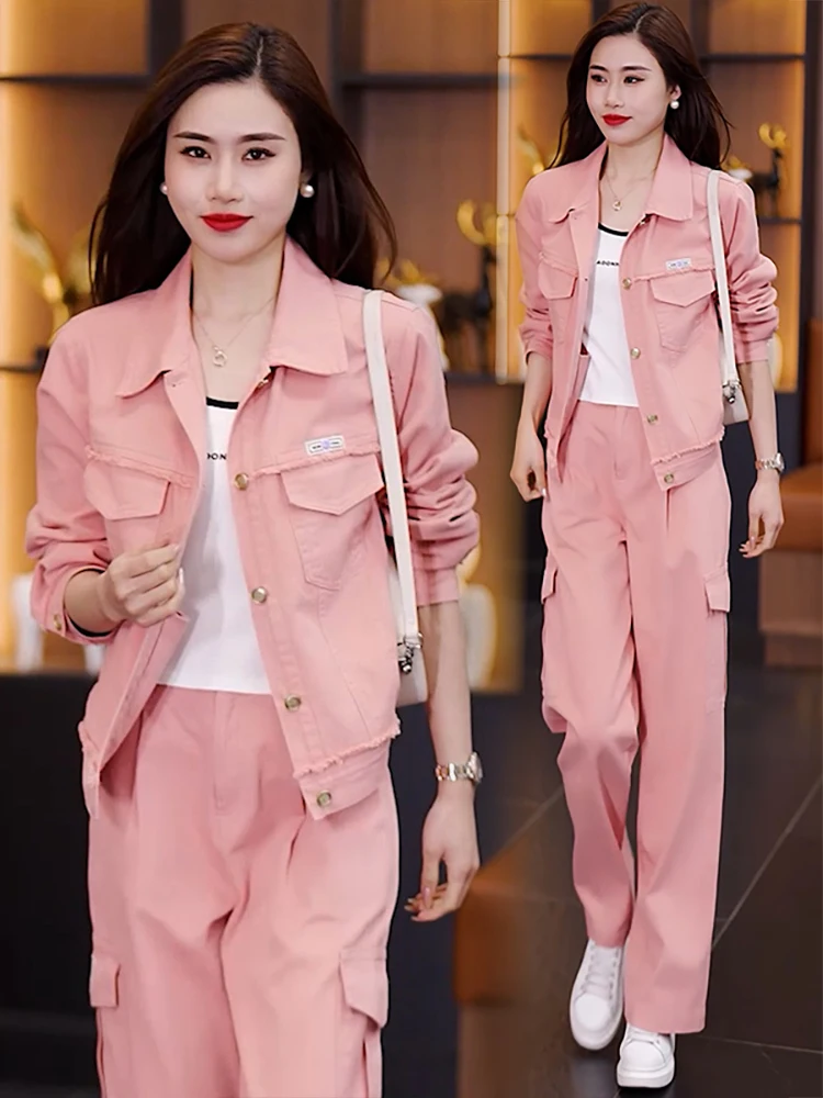 

Fashion denim workwear set for women spring and autumn new stylish and slimming short jacket wide leg pants two-piece set