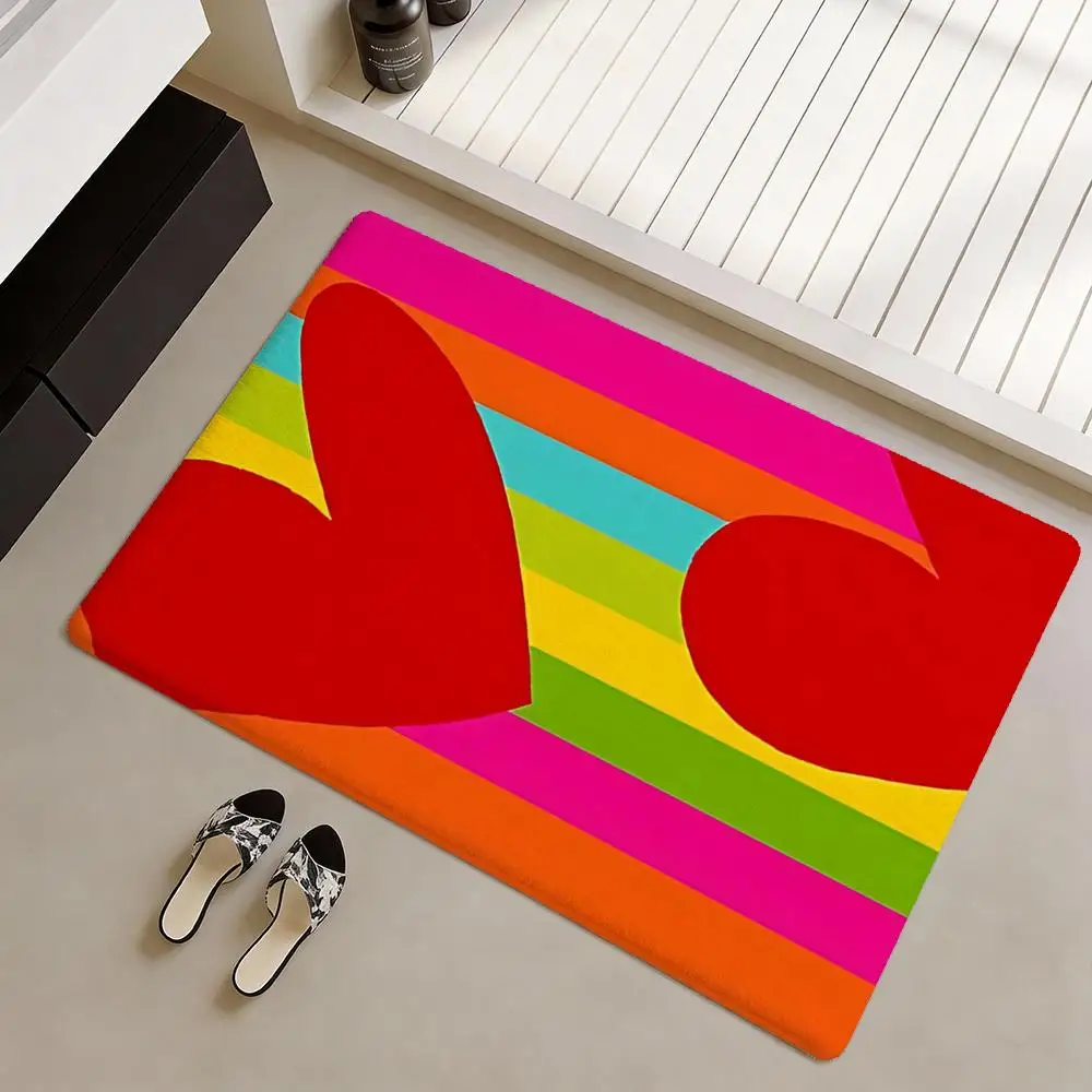 Sparkly Rainbow Heart Pattern Floor Mat Soft Flannel Non-Slip Door Mat - Thickened Rug for Living Room Home Decor
