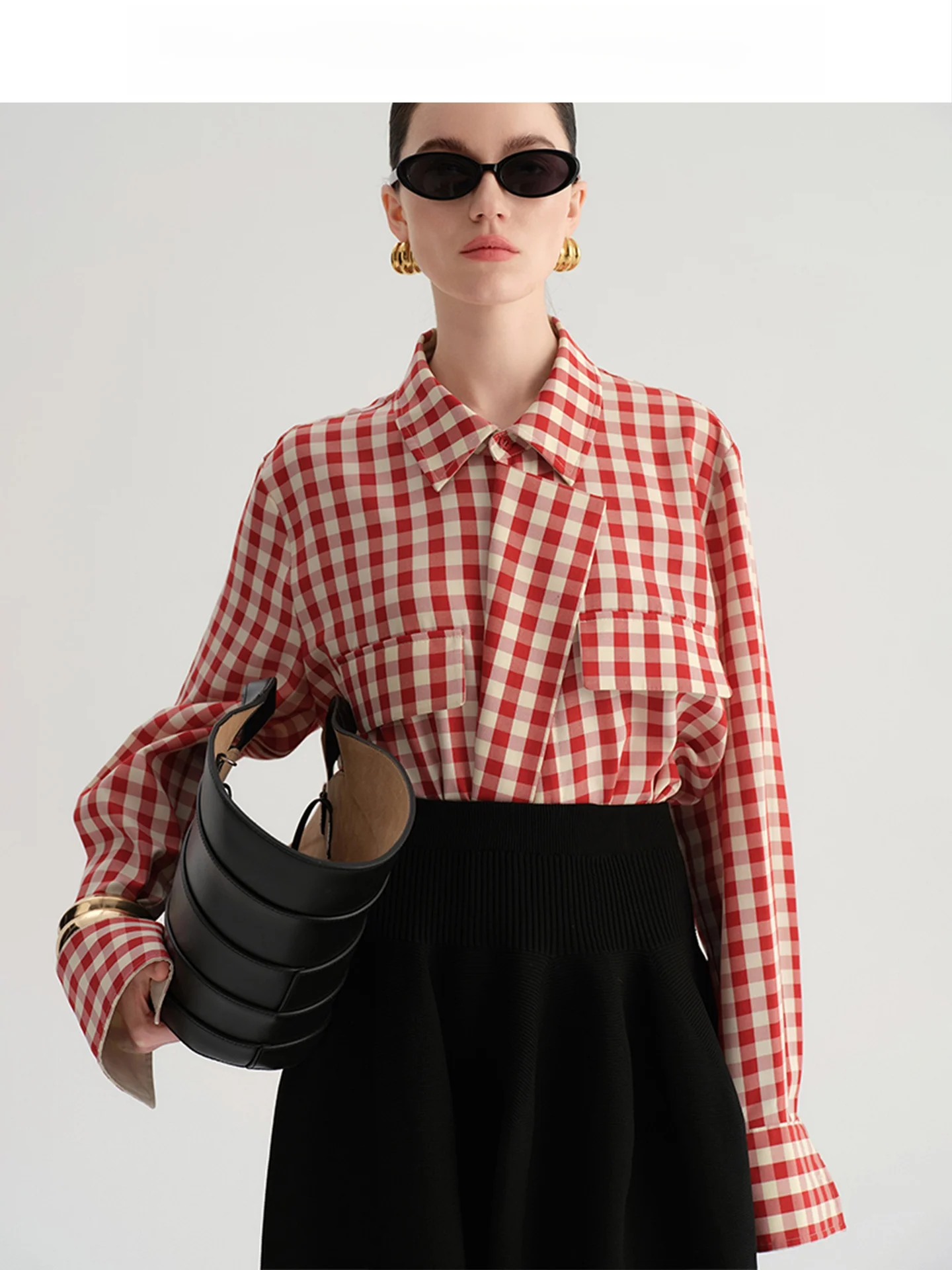 

Audrey Wang Retro Lazy Plaid Women's Shirt Spring New Irregular Buttoning Top Loose Fit Long Sleeve Polyester Fiber