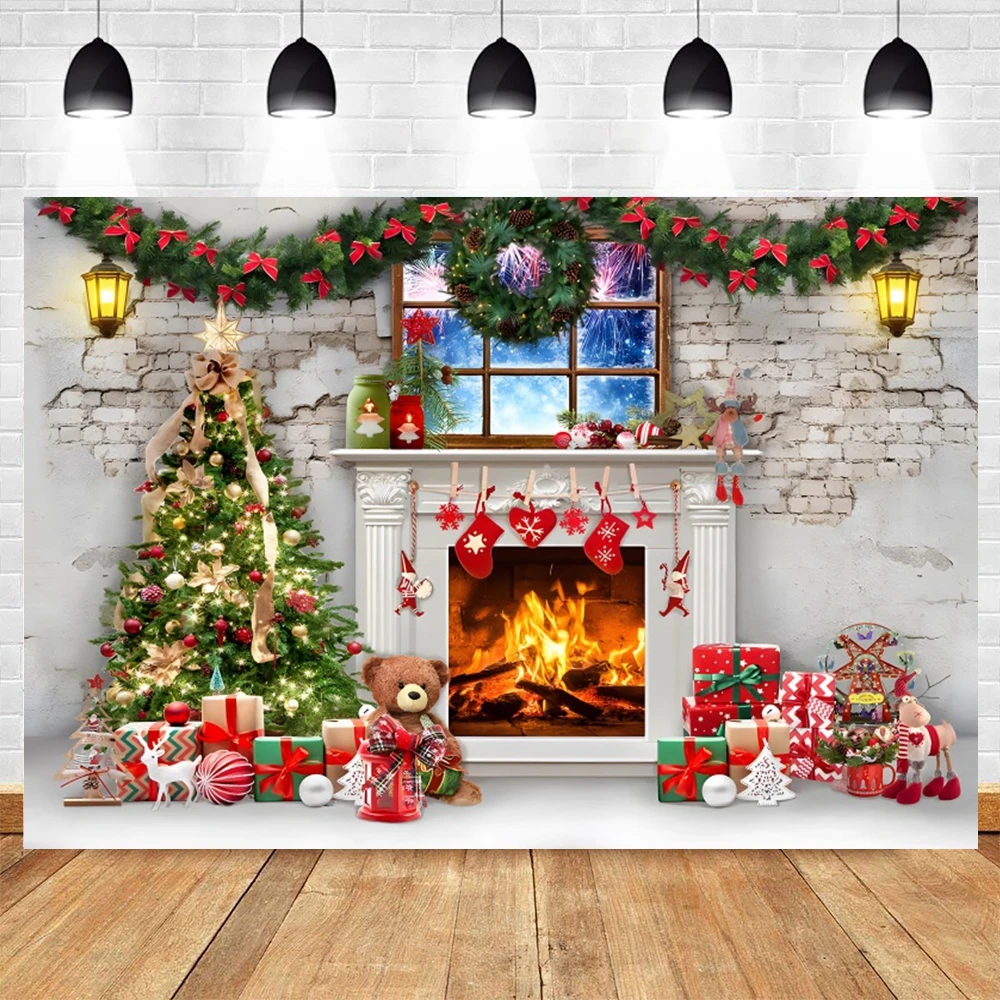 Christmas Backdrop Tree Gift Photocall Window Baby Family Portrait Photography Backgrounds Decor for Photo Studio Props