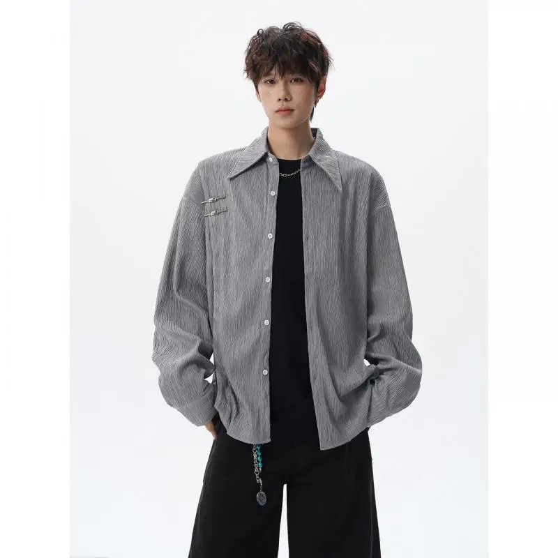 Men's Crinkle Texture Long Sleeve Shirt Punk Metal Pin Decor Loose Fit Button Down Top Streetwear Fashion 2026 Clothing Mans