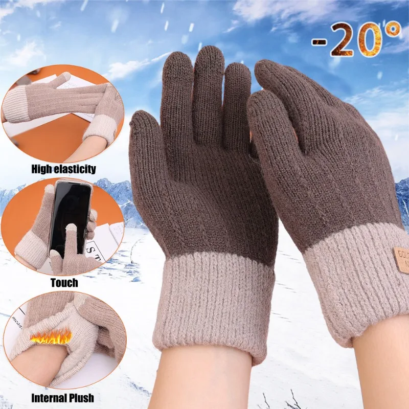 

Unisex Thicken Warm Glove Knitted Screen Contact Velvet Winter Mitten Soft Elastic Fashion Windproof Non-slip Full Finger Glove