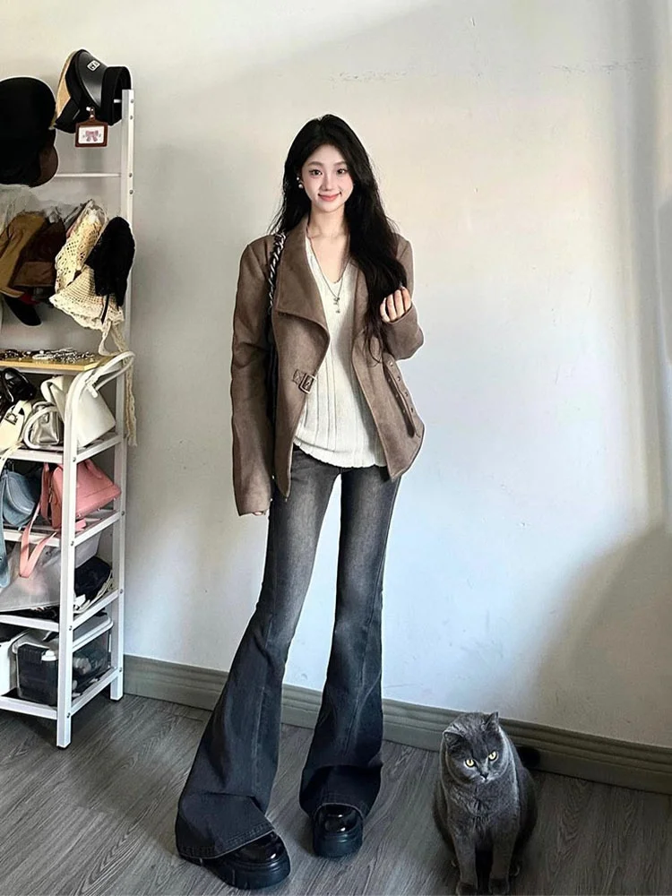 Retro americano camurça motocicleta jaet feminino primavera outono novo design gola grande elegância cintura cinch ort casaco