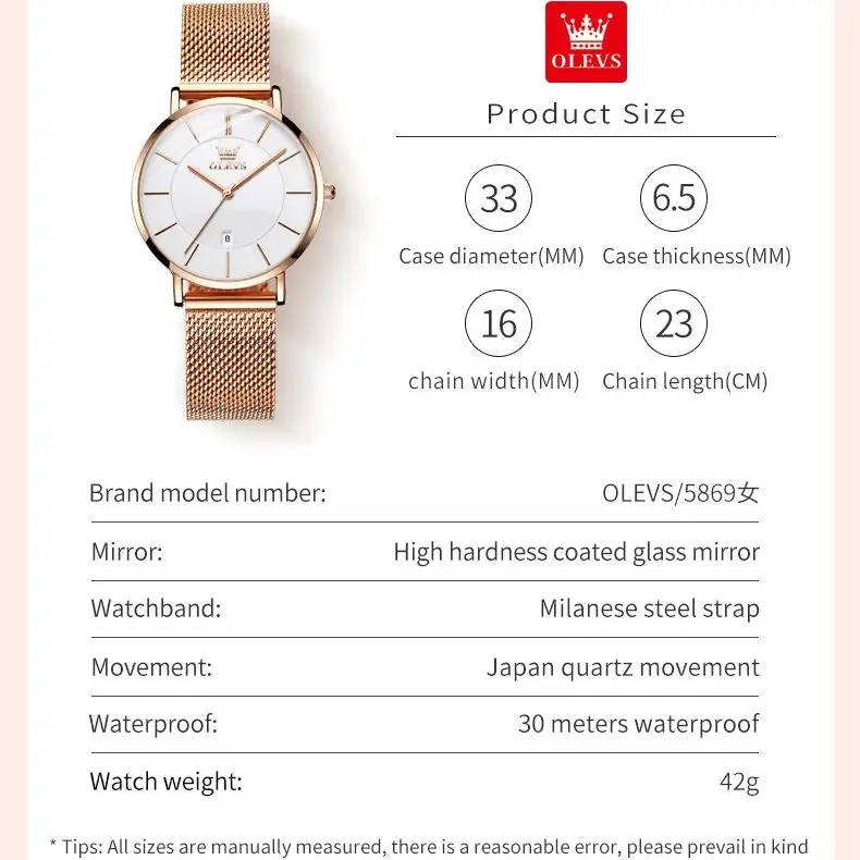 OLEVS 5869 Women Watch Fashion Business Ultra Thin 6.5mm Waterproof Watch Luxury Automatic Date Original Women Quartz Watch Gift