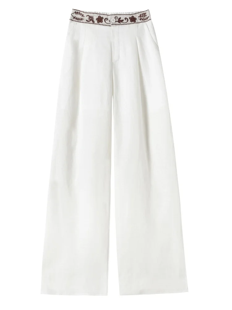 Plones Anchos Es con Bordado, Plones Casus de Corte Recto, Cintura Alta con Cierre de Botón, Sensación Fres...