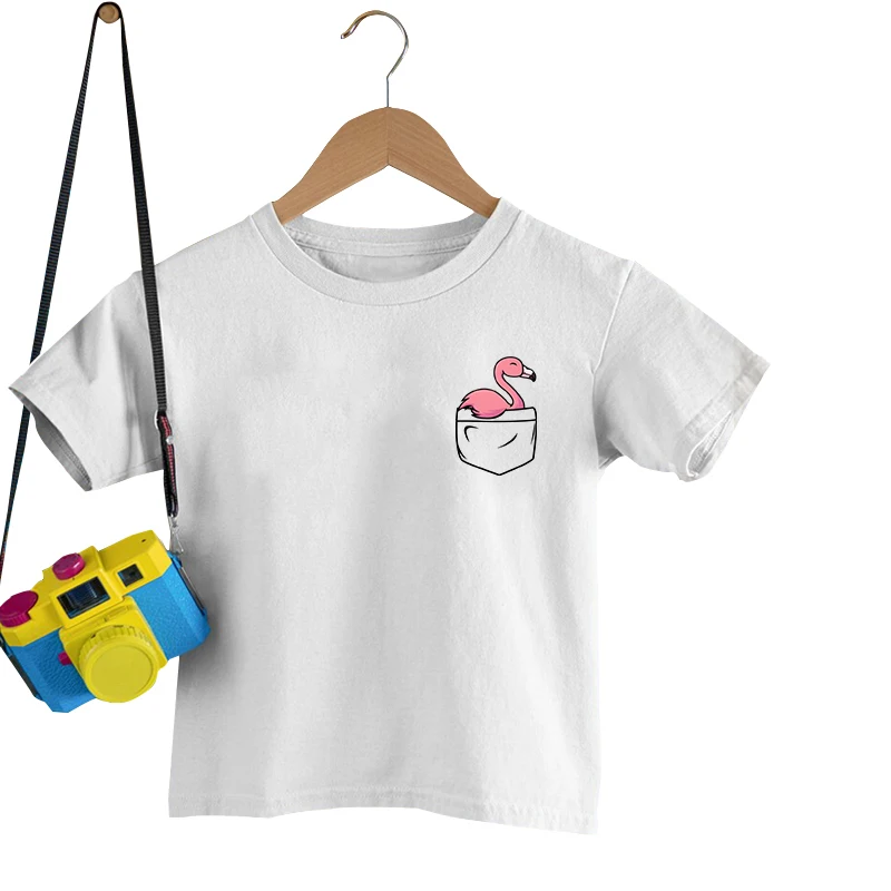 

Flamingo Pocket Print Tee Shirt Summer Fashion Casual Tees Children Boys Girls Short Sleeves Round Neck Tops Solid Color T-shirt