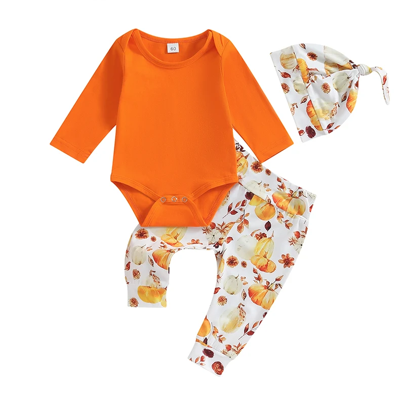 

Infant Baby Halloween Clothes Solid Color Long Sleeve Romper Pumpkin Pattern Pants Hat 3Pcs Outfit