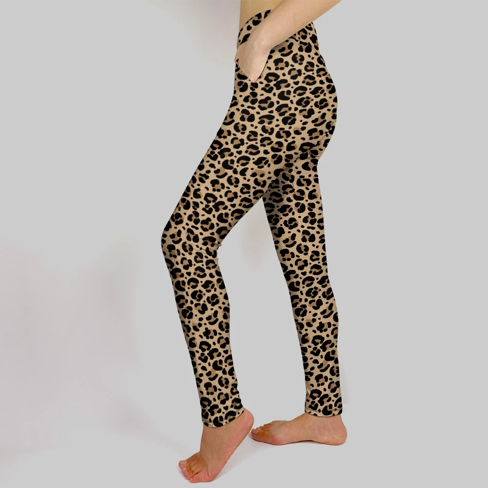 LETSFIND 2023 New High Waist Legging Brown Leopard Print Pockets Fitness Women Pants High Elastic Soft Inside Pockets Legging