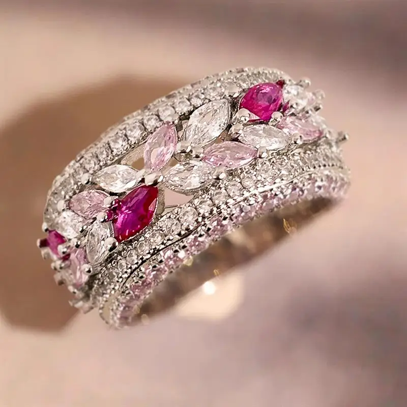 Huitan Anmutiger silberfarbener Damenring, ästhetischer Hochzeits- und Verlobungsring mit Marquise-Form, mehrere Farben, CZ, trendiges Accessoires-Schmuckstück – Detail 6