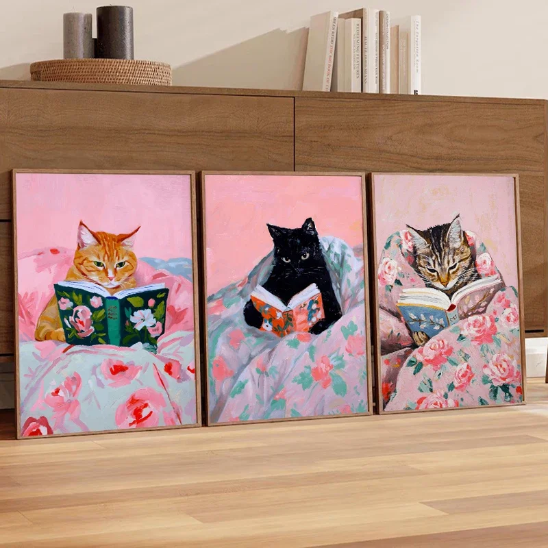 Cat Reading Books Pink Cosy Wall Art Reading Room Library Study Room Art Canvas Painter Residence Living Room Decorative Poster
