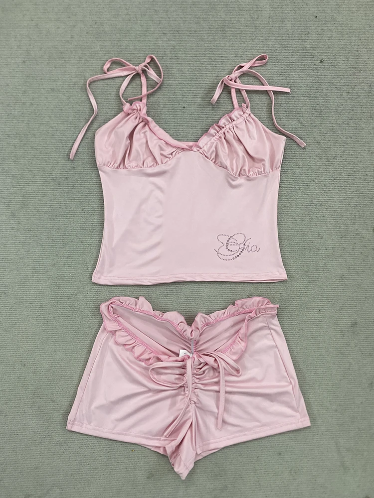 Women Pink 2‑Piece Outfit Bow Tie Strap Cami Top Rhinestone Letter Print Ruffle Ruched Drawstring Shorts Y2K Sweet Outfit Set
