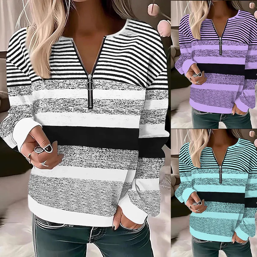 Autumn Winter Striped Printed Women's Long Sleeved T-Shirts Geometry Zipper V-Neck Woman Tops Loose Casual Plus Size Clothes 5XL