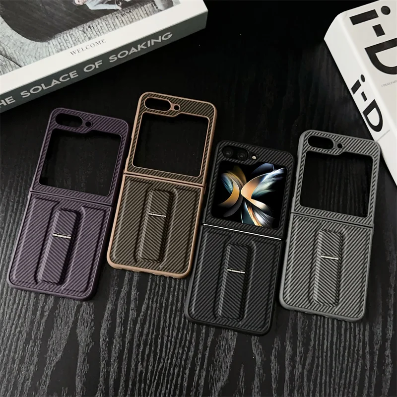 

Samsung Galaxy Z Flip 3 4 5 6 Bracket Leather Carbon Fiber Pattern Folding Cover Phone Case, Full Package Anti Drop Phone Case