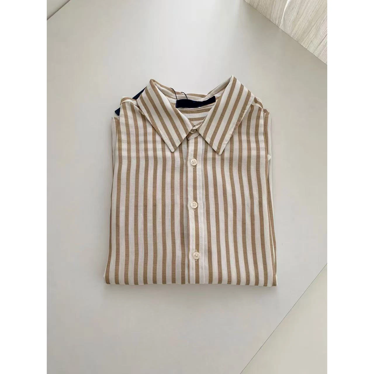 

KAILE Khaki Striped Long Sleeve Shirt Embroidered Casual Loose Outerwear Commute Style Comfortable Breathable Collar