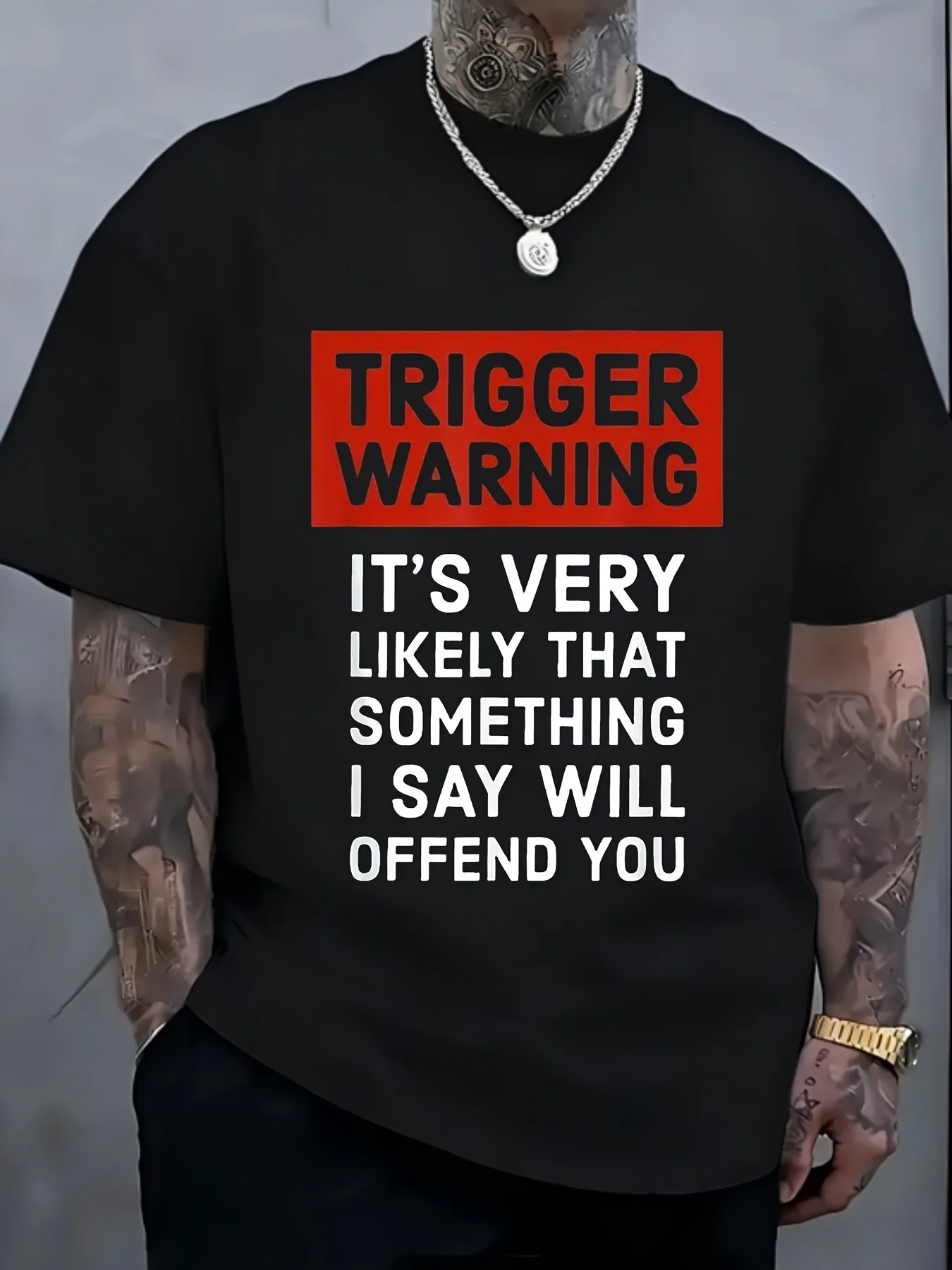 Men's Fun Trigger Warning Full-Print T-Shirt, Humorous and Satirical Novelty Party T-Shirt and Casual Wear, Comfortable for All Seasons, Loose Fit Round Neck Top, Suitable for Men (Machine Washable)