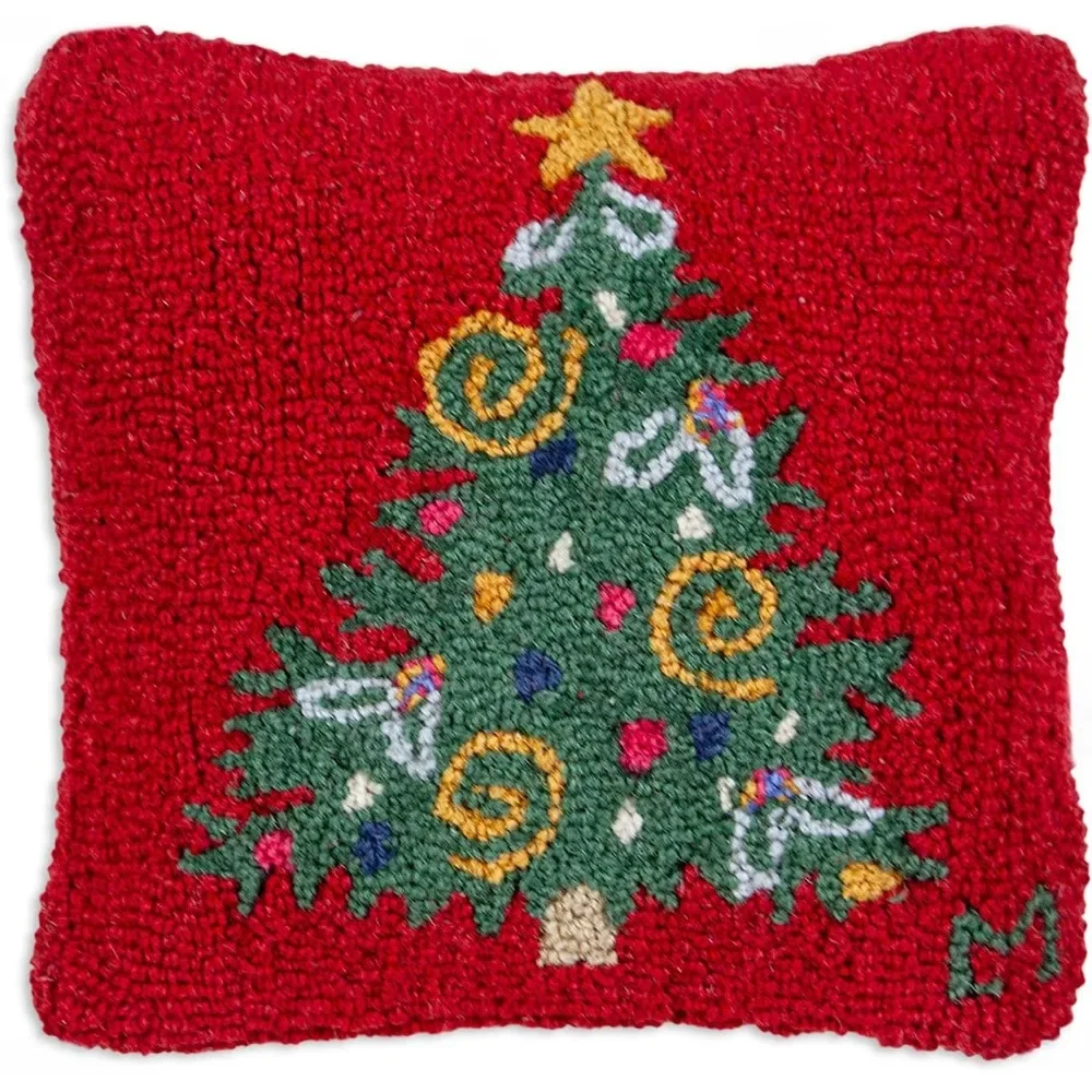 Curly Christmas Tree Hand-Hooked Wool Decorative Throw Pillow (14 in x 14 in) Christmas Pillow for Couches & Beds