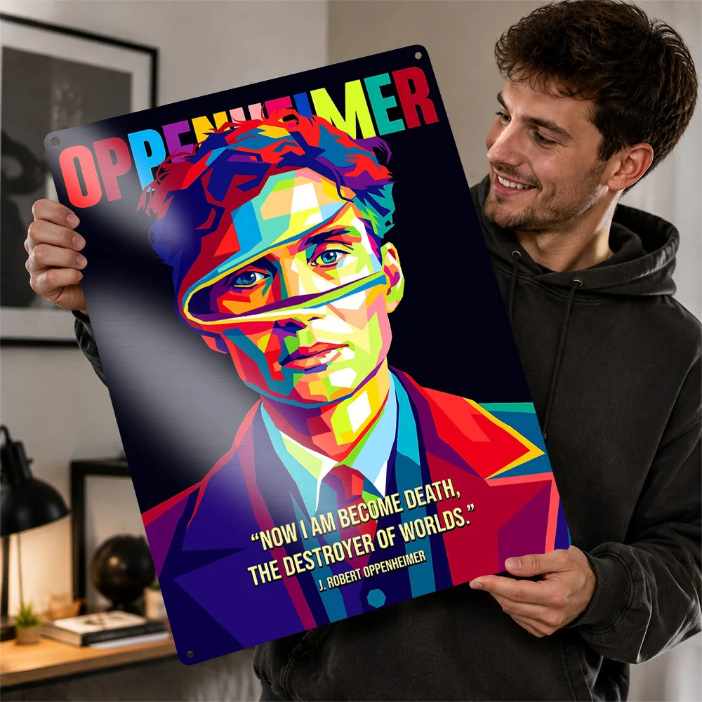 J. Robert Oppenheimer Pop Art Portrait 3D Texture Printed Poster Custom Vintage Metal Tin Plate Sign for Wall Art Decor Room