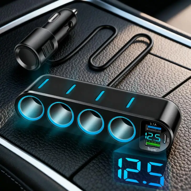 7 In 1 Car Fast Charger Adapter Charge 12-24V Four Cigarette Lighter Dual USB PD 66W Socket Cigarette Lighter Splitter Universal