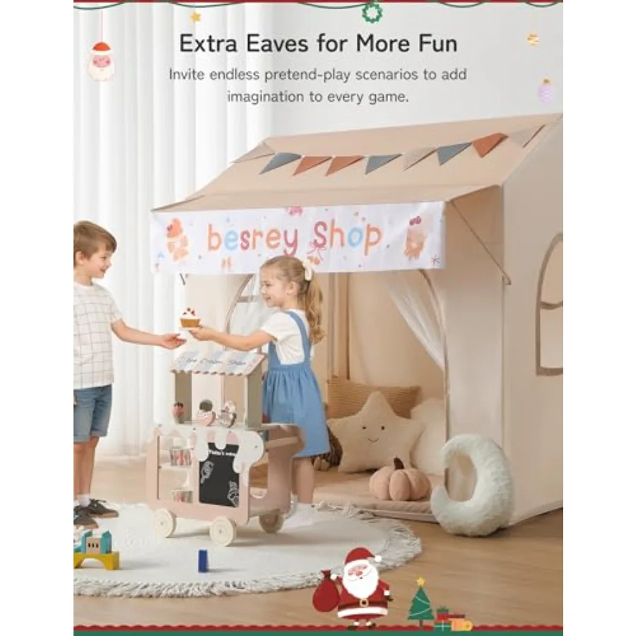 ベスレイ プレイテント エーブ付き幼児用テント 2 in 1 パッド入りマットとライト付き 大型プレイハウス 2つのドアと2つの窓付き 室内/屋外用