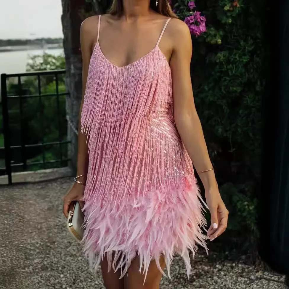 Fashion Tassel Sequins Birthday Party Feather Splicing Dress Dress 2025 Spring/Summer New Fashion High Street Women's Clothing