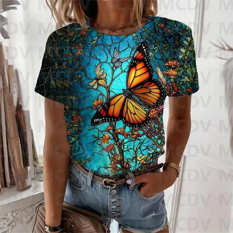 Hummingbird Flower Print Crew Neck T-shirt 3D Printed Summer Women's T Shirts