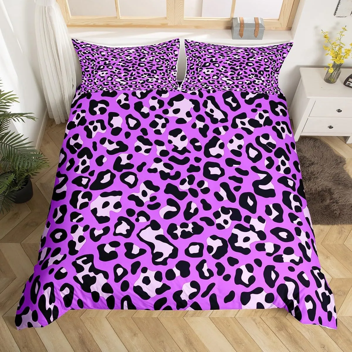 Purple Leopard Print Three Piece Duvet Set, 3d Digital Printed Bedding Set, Bed Cover