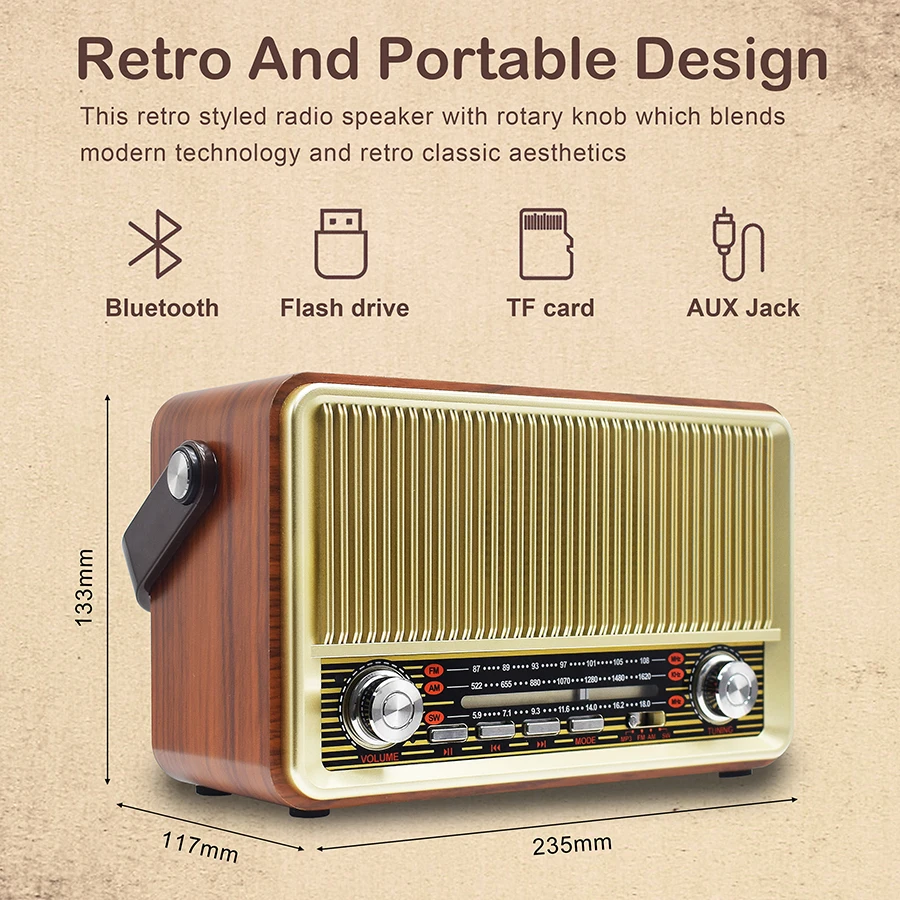 

Portable Full Band Radio Stable Signal Vintage FM AM SW Radios Rechargeable Bluetooth Speaker Music Player Support TF card
